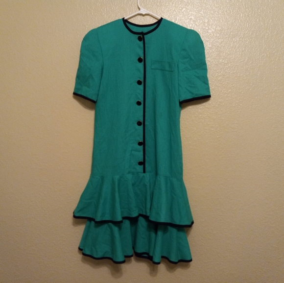 Joan Sparks for Daniel Barrett Vintage Tiered Green Linen Dress - Picture 1 of 5